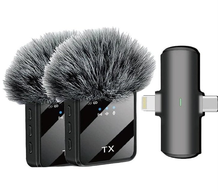 ClearVoice Lavalier Mic wireless clip-on microphone with windshields and adapter for content creators.