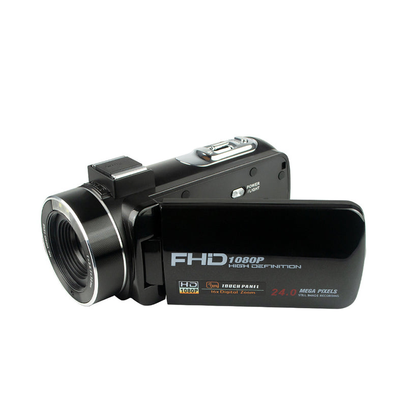 CrystalShot HD Camera showing a digital camera with microphone and flip screen capturing high-definition images.
