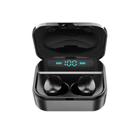 AirBeat TWS Earbuds charging case with digital display on a reflective surface.