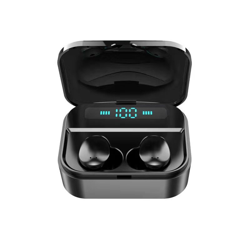 AirBeat TWS Earbuds charging case with digital display on a reflective surface.