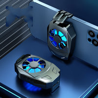 FrostGrip Mobile Cooler devices attached to a smartphone, showcasing advanced cooling fan technology for gaming.