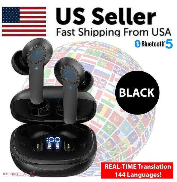LingoBuds AI Translator real-time wireless earbuds in black and white case.