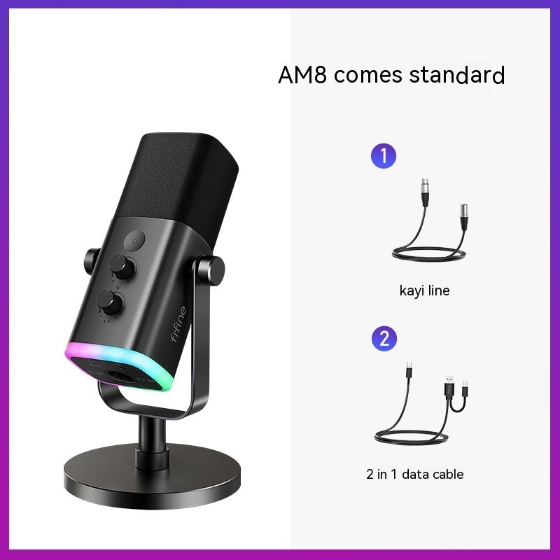 NoiseShield Pro Microphone attached to an adjustable arm with colorful lighting, perfect for audio recording and streaming.